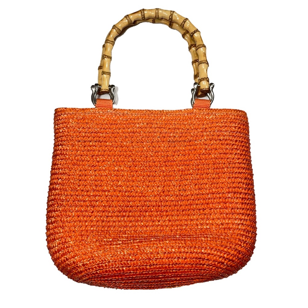Orange Woven Straw Tote Bag with Bamboo Handle